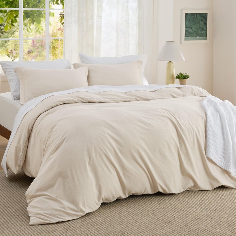 Bedsure Textured Duvet Cover King Size - Cotton-Like Polyester Jacquard Duvet Cover Set for All Seasons - 3 Pieces Ultra Soft Bedding Set with 2 Pillow Shams, NO Comforter (Beige, King, 104" x 90") - Image 2