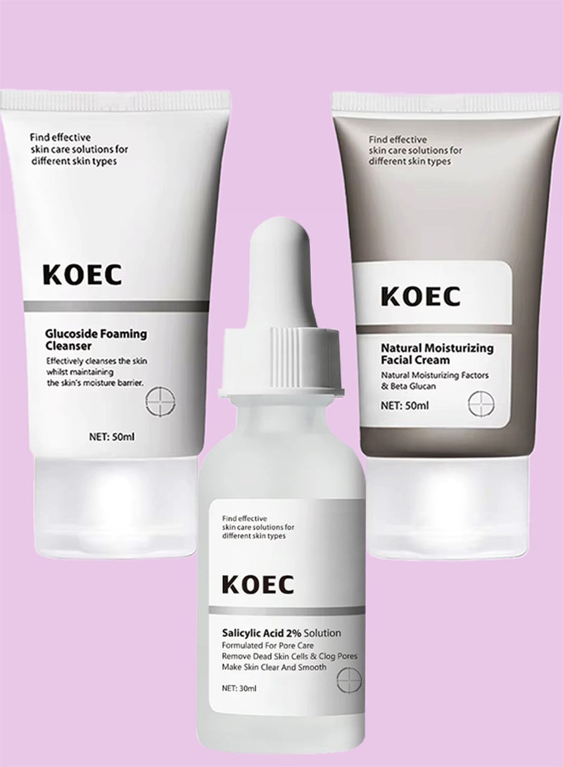 KOEC مجموعة 3 قطع من كريم الوجه المرطب الطبيعي، منظف رغوي جلوكوزيد، وحل حمض الساليسيليك للعناية بالبشرة المليئة والناعمة، كريم وجه مرطب، غسول وجه مرطب، عناية بالمسام، سيروم وجه، مجموعة العناية بالبشرة الطبيعية - Image 1