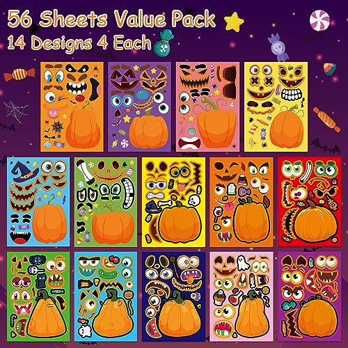 Aowplc 56 Sheets Halloween Pumpkin Make a Face Stickers for Kids - 14 Different Pumpkin Designs - Fun Halloween Party Favors Crafts Games & Activities Supplies - Image 2