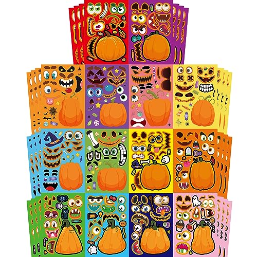 Aowplc 56 Sheets Halloween Pumpkin Make a Face Stickers for Kids - 14 Different Pumpkin Designs - Fun Halloween Party Favors Crafts Games & Activities Supplies - Image 1