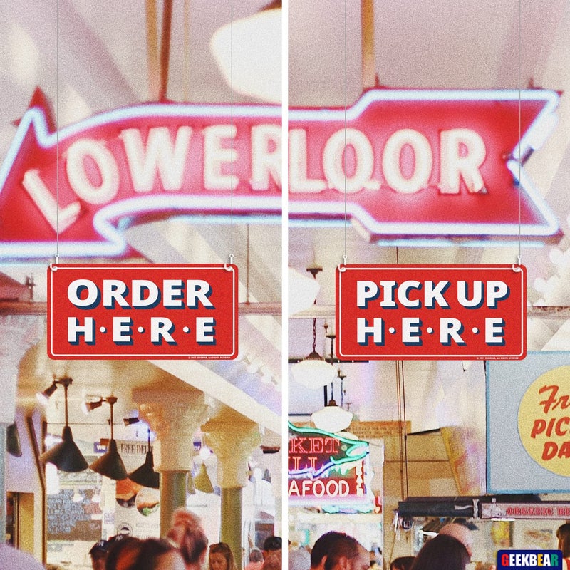 GEEKBEAR Order Here and Pick Up Here Signs (Red) - 2 Pack, 12" x 6" - Premium, Non-Fading Design with Special Hanging Hooks - Perfect for Restaurants, Cafes, and Bars - Made of Durable Acrylic - Image 2