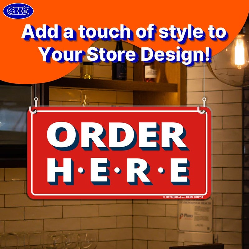 GEEKBEAR Order Here and Pick Up Here Signs (Red) - 2 Pack, 12" x 6" - Premium, Non-Fading Design with Special Hanging Hooks - Perfect for Restaurants, Cafes, and Bars - Made of Durable Acrylic - Image 3