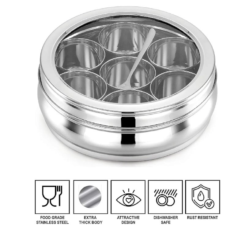 INKULTURE Stainless Steel Masala Box For Kitchen, Belly Shaped And Capacity 2.5 Liter | Spice Box/Masala Dabba/Namak Dani With See Through Lid, 07 Containers And Spoon | Anjarai Petti - Image 5