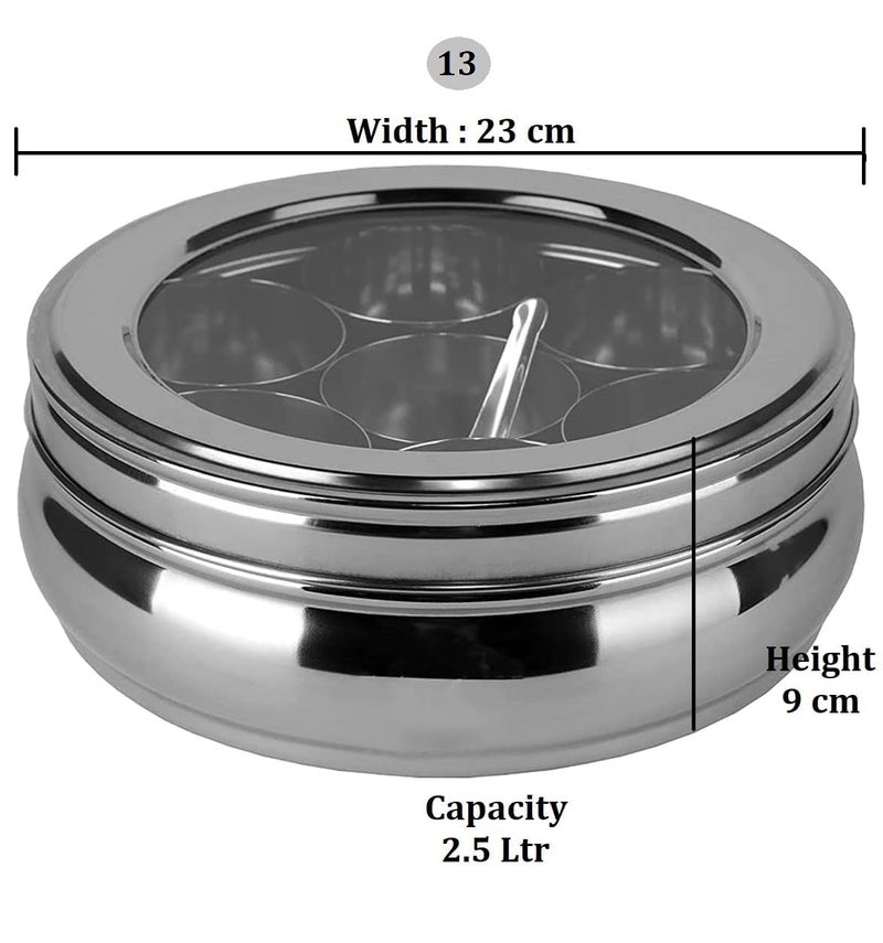 INKULTURE Stainless Steel Masala Box For Kitchen, Belly Shaped And Capacity 2.5 Liter | Spice Box/Masala Dabba/Namak Dani With See Through Lid, 07 Containers And Spoon | Anjarai Petti - Image 4