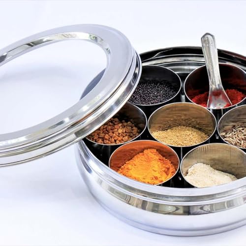 INKULTURE Stainless Steel Masala Box For Kitchen, Belly Shaped And Capacity 2.5 Liter | Spice Box/Masala Dabba/Namak Dani With See Through Lid, 07 Containers And Spoon | Anjarai Petti - Image 3