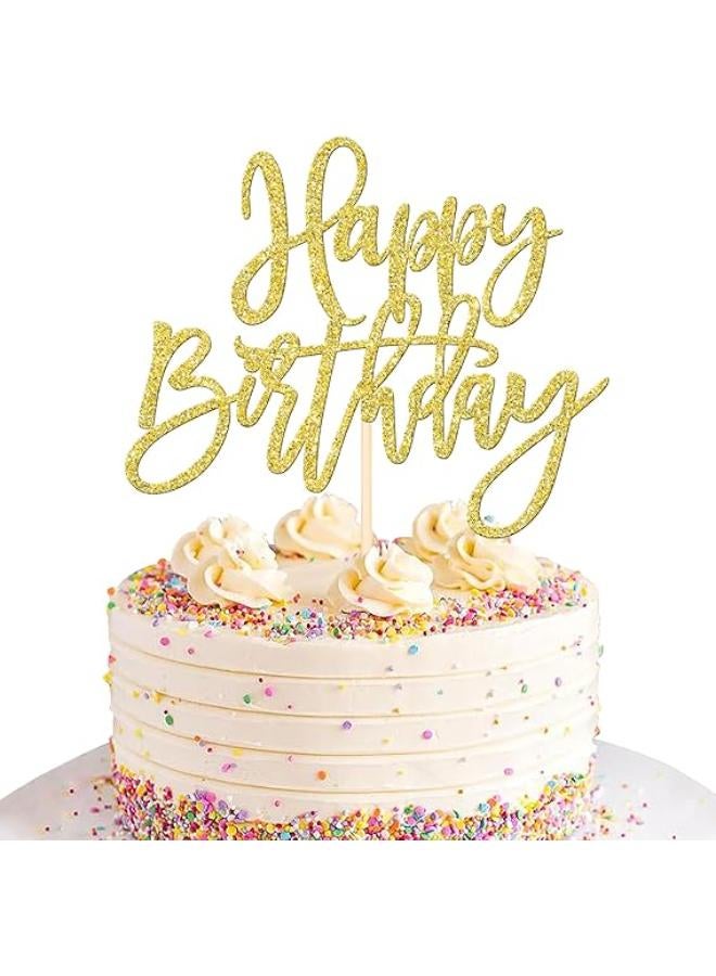 1 PCS Happy Birthday Cake Topper Glitter Happy Birthday Cake Pick for Celebrating Happy Birthday Anniversary Theme Party Cake Decorations Supplies Gold - Image 1