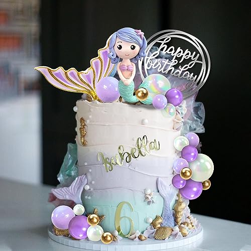 DRWATE Mermaid Cake Toppers Under the Sea Mermaid Tail Cake Decorations Gold Purple Pearl Ball for Girl Kid Birthday Party Theme Party Baby Shower Supplies (Style 2) - Image 5