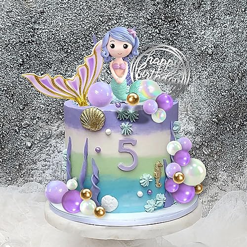 DRWATE Mermaid Cake Toppers Under the Sea Mermaid Tail Cake Decorations Gold Purple Pearl Ball for Girl Kid Birthday Party Theme Party Baby Shower Supplies (Style 2) - Image 4