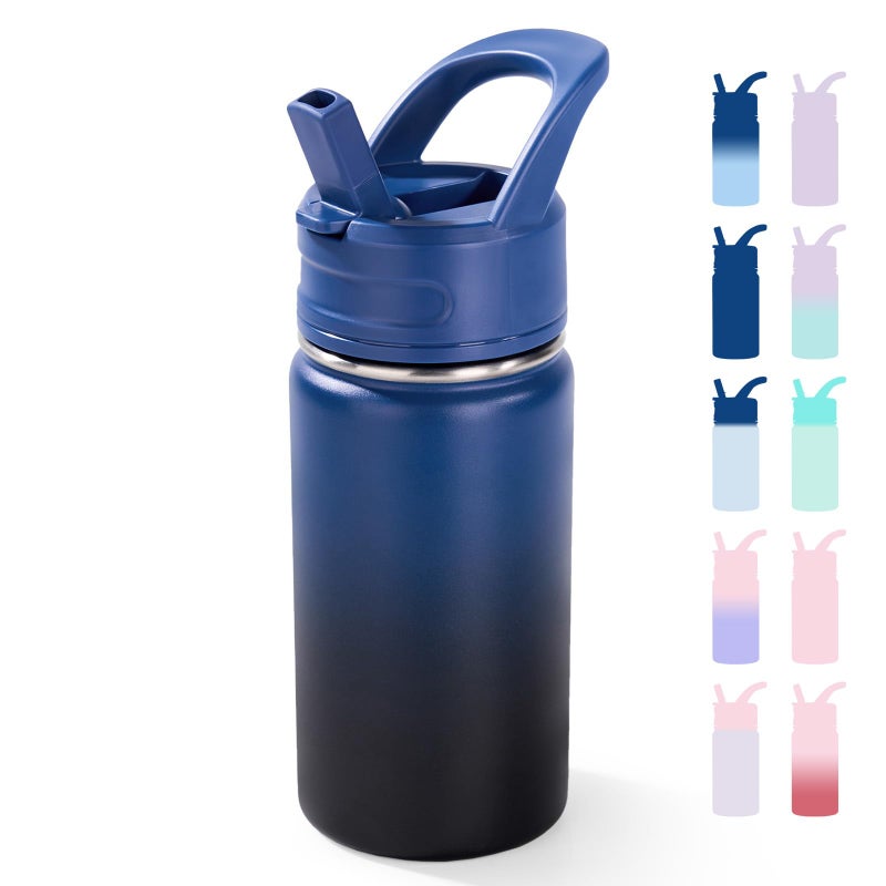 Fijinhom 12oz Kids Water Bottle for School, Toddler Bottles with Straws, Stainless Steel Vacuum Insulated Water Bottle for Boys&Girls, Leak-Proof, BPA-Free, Blue Black - Image 1