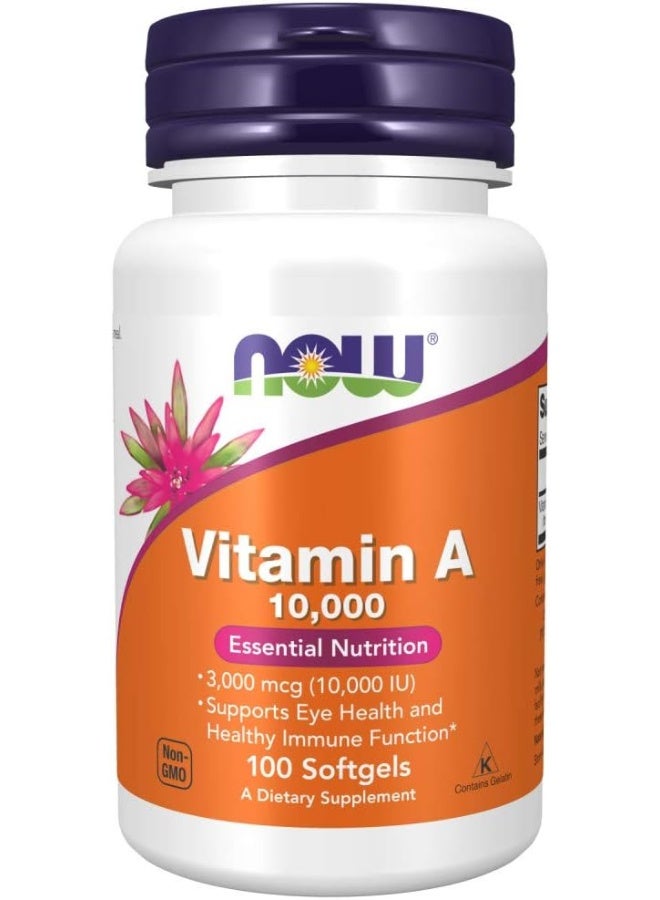 NOW Foods Vitamin A 10,000 IU - Essential Nutrition for Eye, Skin, and Immune Health - 100 Softgels - Image 1