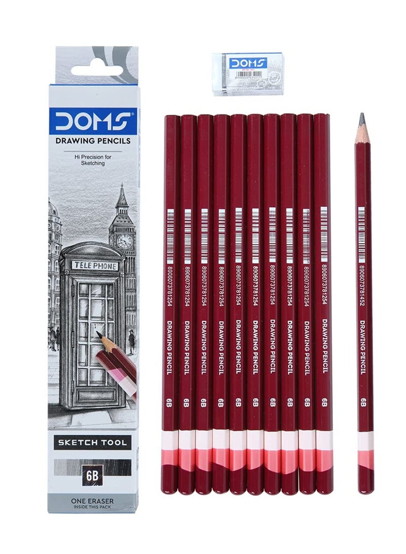 DOMS 10-Piece 6B Grade Graphite Sketch Pencil With An Eraser - Image 1