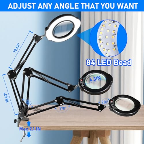 Jaenmsa 10X Magnifying Glass with Light and Stand, LED Desk Lamp with Base and Clamp, 5 Color Mode, 10 Dimmable Levels, Hands Free for Reading Crafts Jewelry Sewing Close Work - Image 2