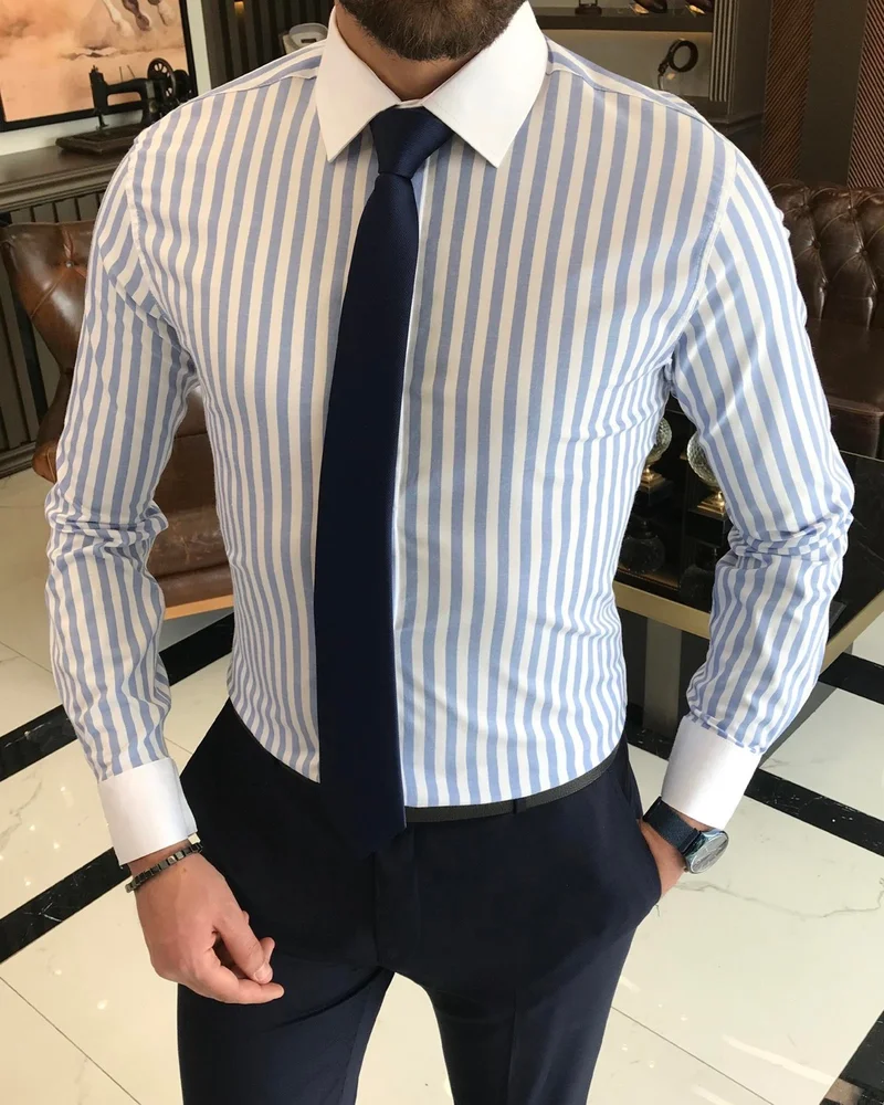 ترزي اددم Tailor Adem Italian Style Slim Fit Striped Men's Tie Collar Shirt Blue T9229
