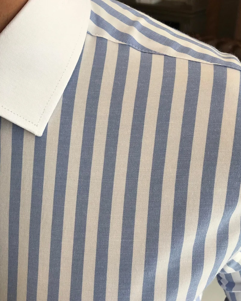 ترزي اددم Tailor Adem Italian Style Slim Fit Striped Men's Tie Collar Shirt Blue T9229