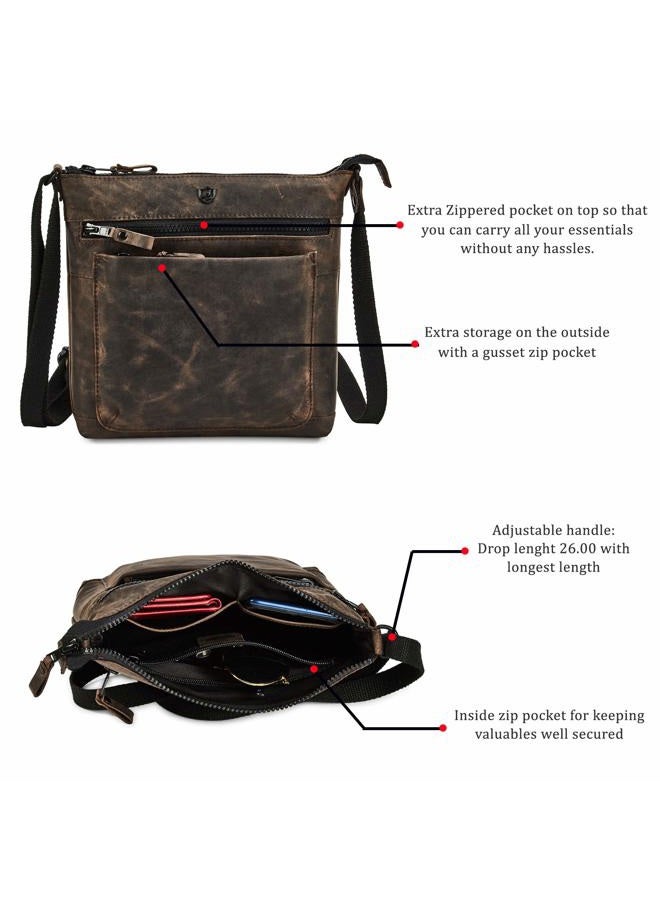 COCHOA Women's Real Leather Small Triple Zip Crossbody Bags Purse Travel Bag, Coffee Crazy Horse, 9" x 9" x 1.5" - Image 2