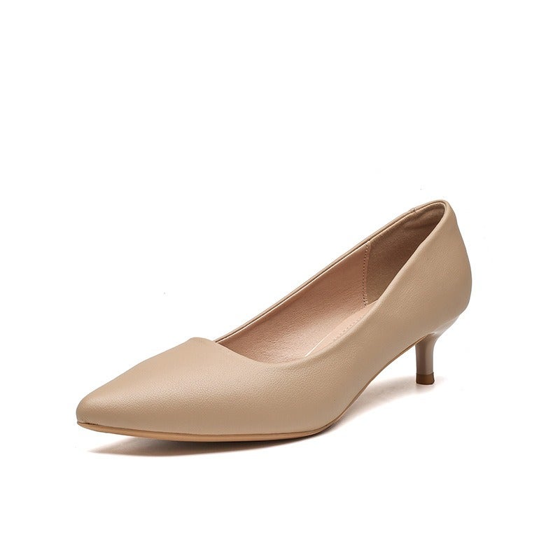 555-8 Nude High Heels for Women, French Style Soft Leather Pointed Toe Office Shoes