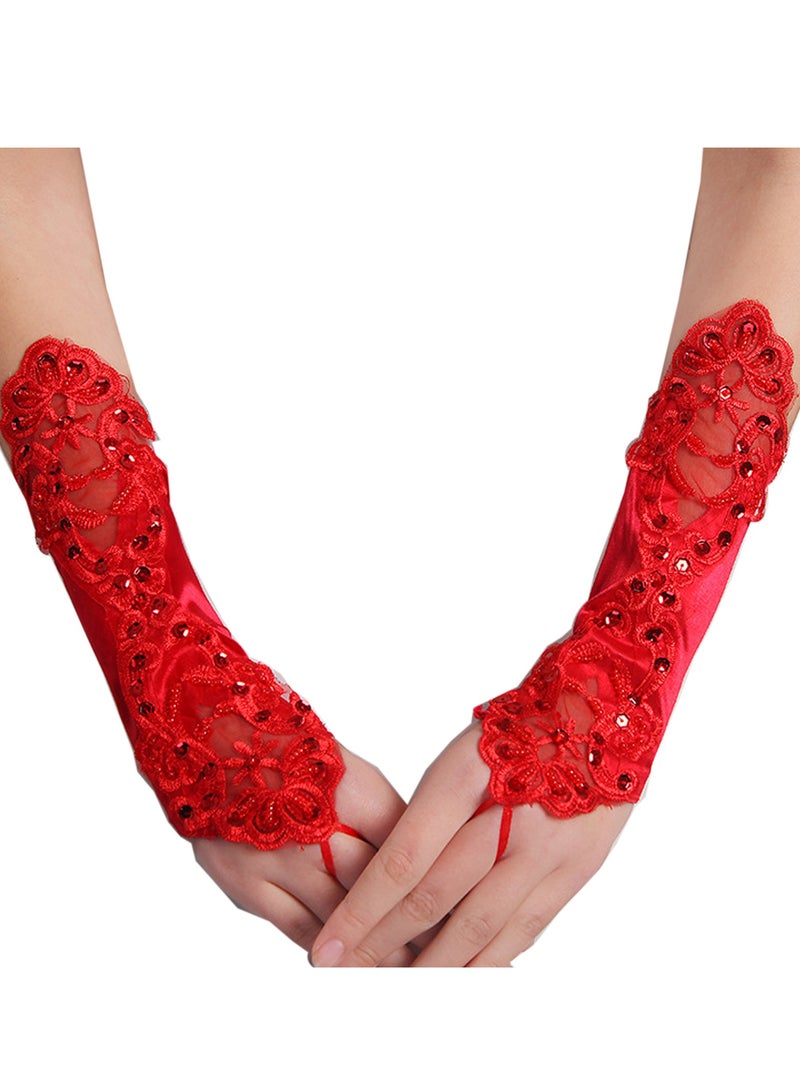 Women Short Opera Party 20s Satin Gloves Stretchy for Tea Party Wedding Opera Party（Red）  - Image 1