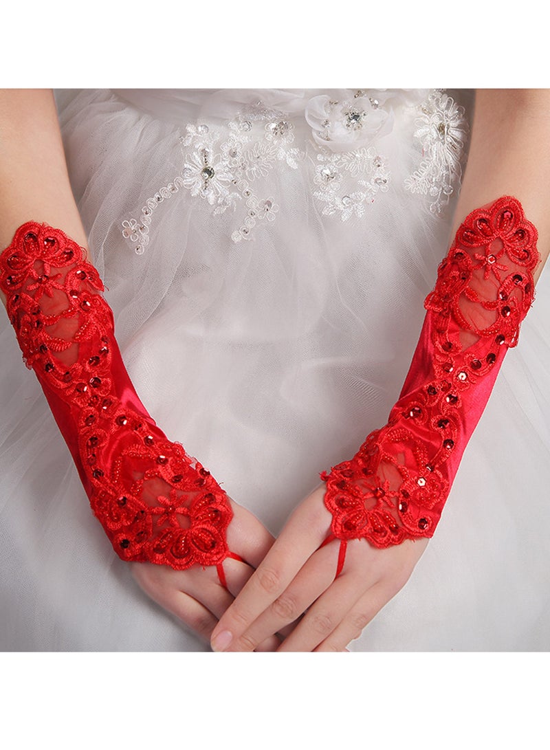 Women Short Opera Party 20s Satin Gloves Stretchy for Tea Party Wedding Opera Party（Red）  - Image 2