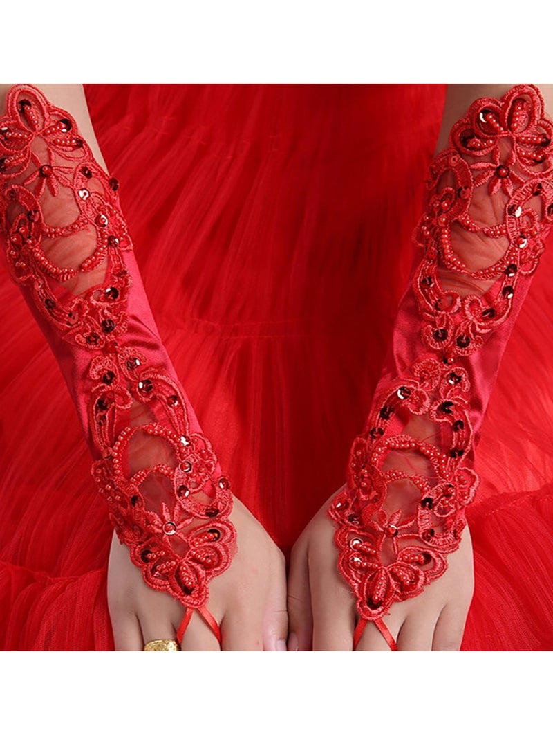 Women Short Opera Party 20s Satin Gloves Stretchy for Tea Party Wedding Opera Party（Red）  - Image 3