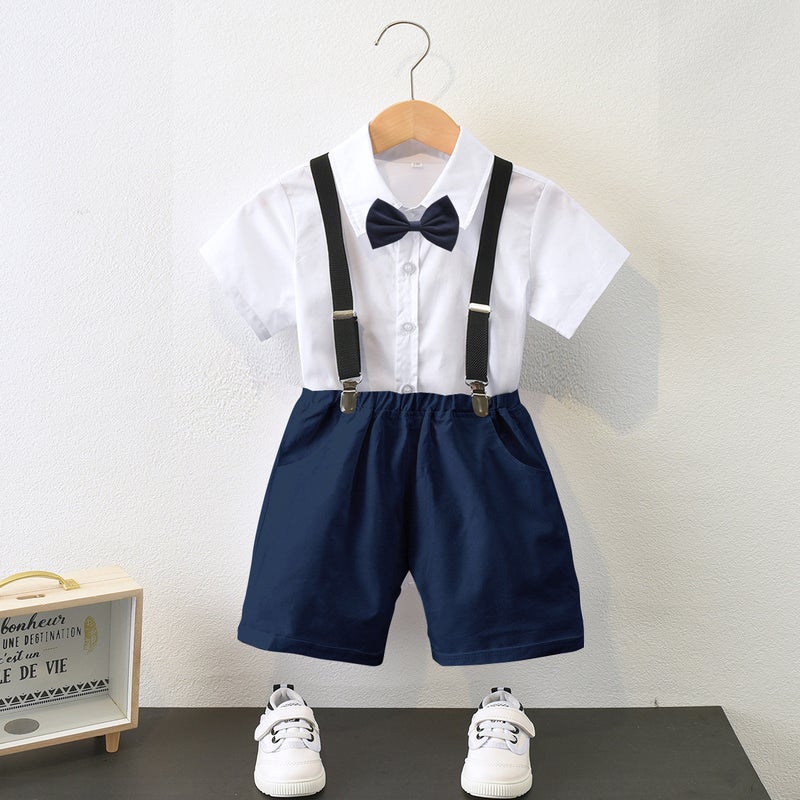 2022 Boys Summer White Shirt Black Strappy Pants Small Host Childrens Childrens Childrens Childrens 1st Performance Clothes Navy Blue Pants Set