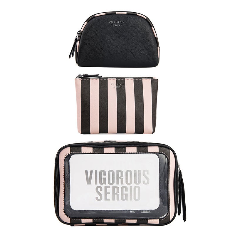 New PU Waterproof Striped Vanity Tote SetThree-piece set-black thick stripes Three-piece set-black thick stripes