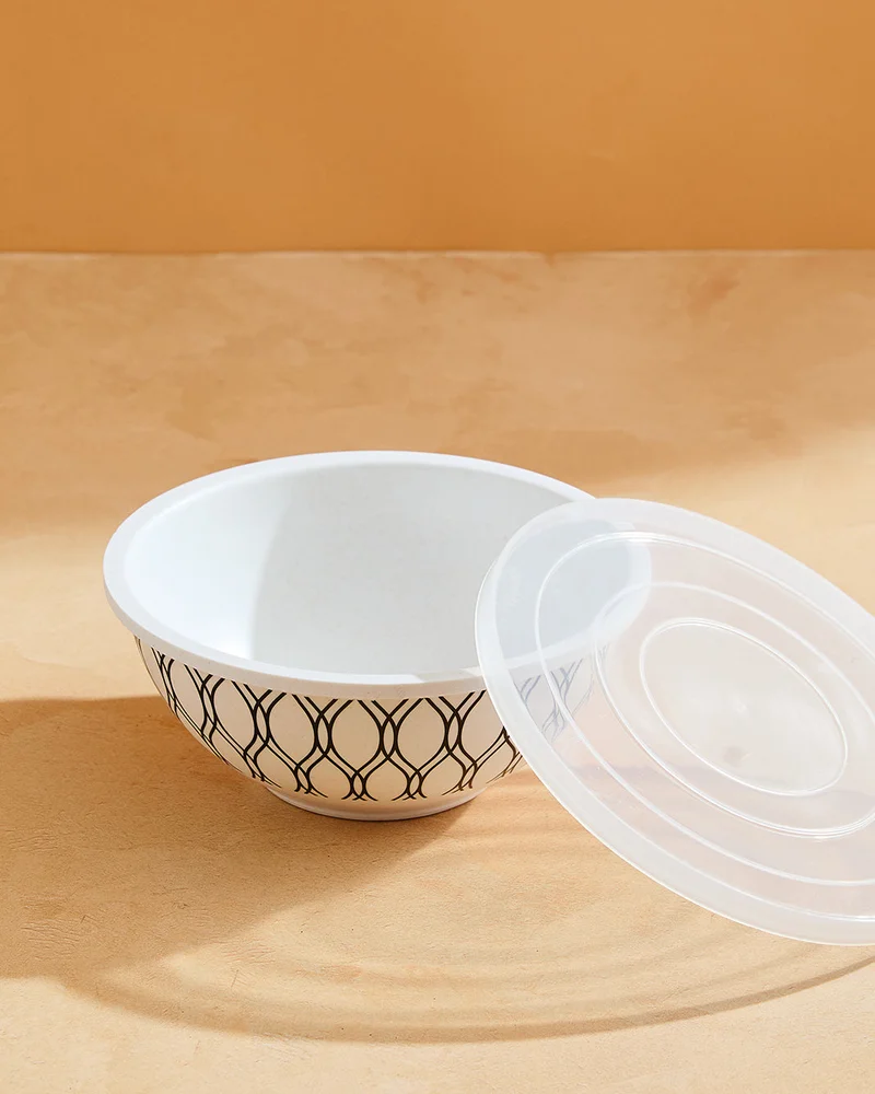 REDTAG Grey Geometric Bamboo Bowl With Lid (Medium)