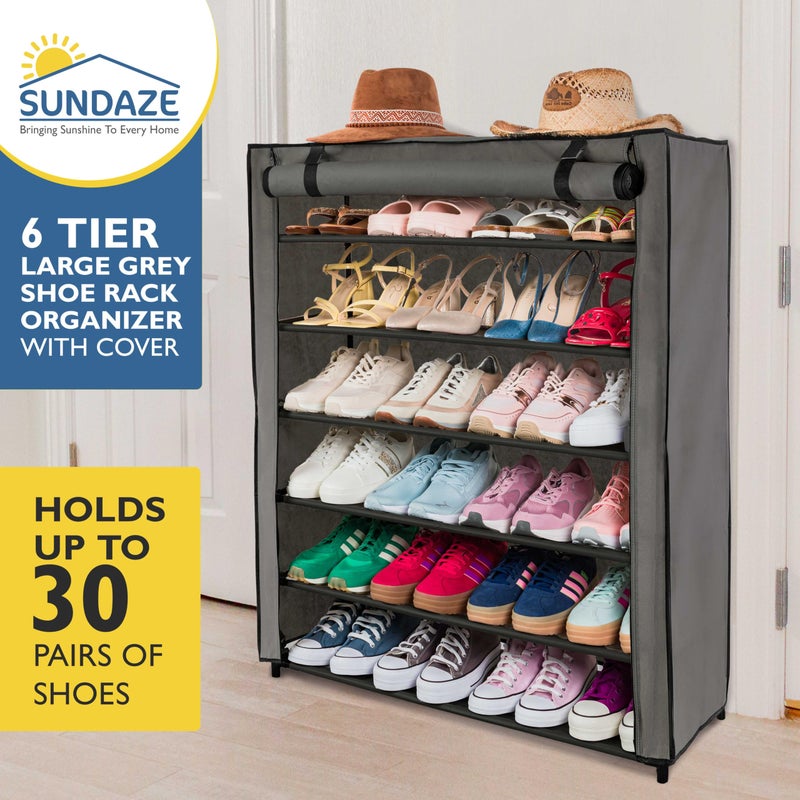 Sundaze رف أحذية سوندايز مع غطاء - رف أحذية 6 طبقات لمدخل الباب الأمامي، منظم أحذية قوي وطويل لغرفة النوم، الخزانة، المرآب، رف من قماش غير منسوج، رمادي، يحمل حتى 30 زوجًا - Image 2