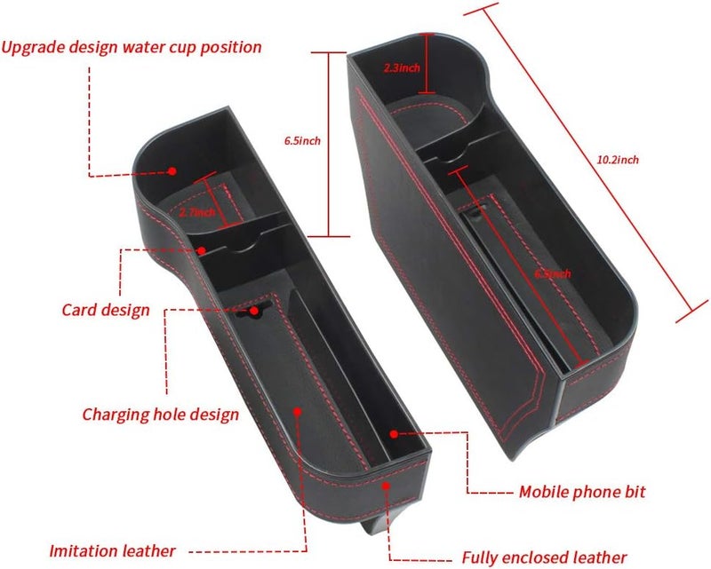 GES PU Leather Car Seat Gap Organiser - Universal Storage Filler for Car Console (Black-L+R) - Image 3