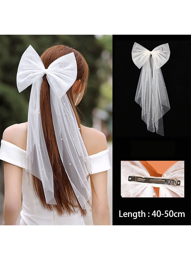 1 Pack White Bow Hairpin Net， Gauze Ribbon Pearl Hair Ornaments， Bride Wedding Tiara ，Temperament Girl Bridesmaid Hair Decoration - Image 5