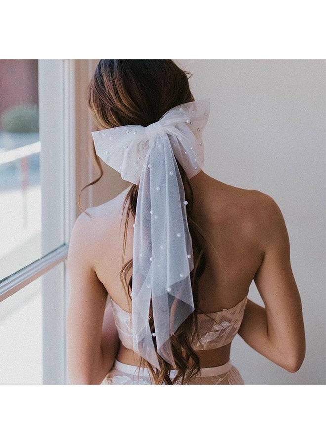 1 Pack White Bow Hairpin Net， Gauze Ribbon Pearl Hair Ornaments， Bride Wedding Tiara ，Temperament Girl Bridesmaid Hair Decoration - Image 1