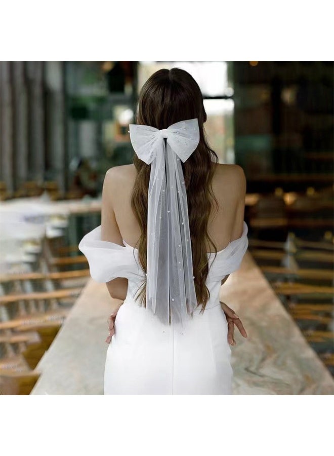 1 Pack White Bow Hairpin Net， Gauze Ribbon Pearl Hair Ornaments， Bride Wedding Tiara ，Temperament Girl Bridesmaid Hair Decoration - Image 4