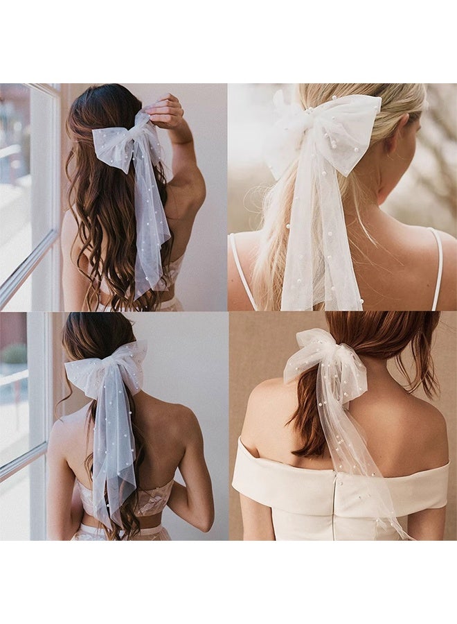 1 Pack White Bow Hairpin Net， Gauze Ribbon Pearl Hair Ornaments， Bride Wedding Tiara ，Temperament Girl Bridesmaid Hair Decoration - Image 3