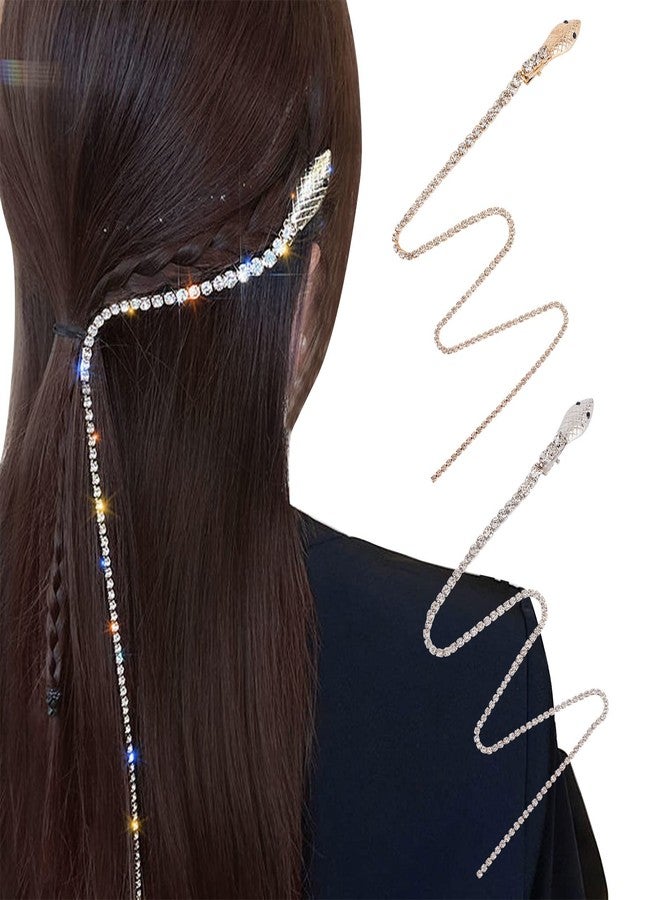 NICENEEDED 2Pcs Full Rhinestones Snake Hair Chains, Punk Crystal Tassel Hair Clip Chains, 20 Inch Long Rhinestone Decorative Hairpin Headpiece for Women Halloween - Image 1