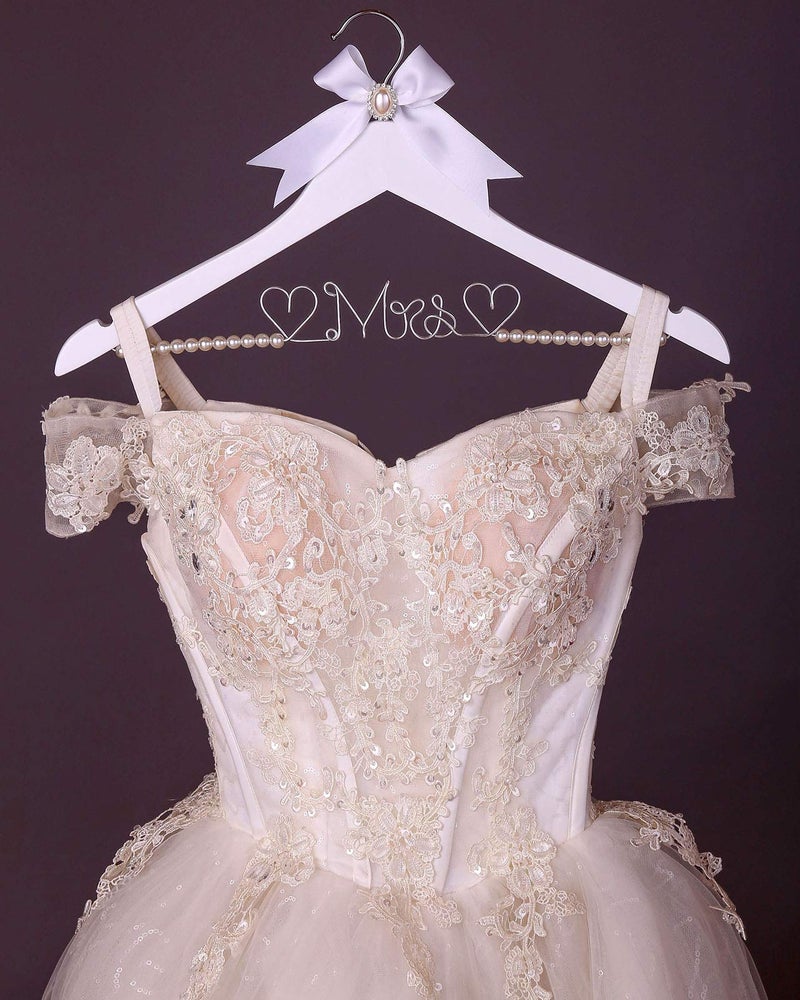 HUIDIAN White Solid Wood Bridal Dress Hanger with Lady Wire Lettering for Bridal Wedding Party Gift (Pearl Silver Thread and White Hanger) - Image 2