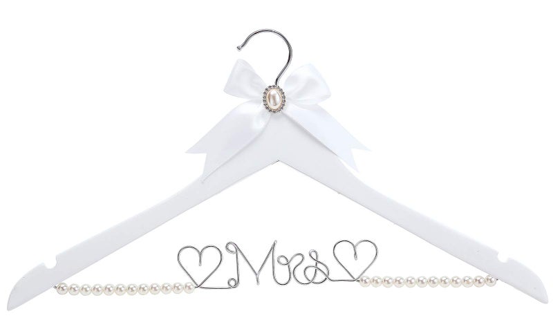 HUIDIAN White Solid Wood Bridal Dress Hanger with Lady Wire Lettering for Bridal Wedding Party Gift (Pearl Silver Thread and White Hanger) - Image 3