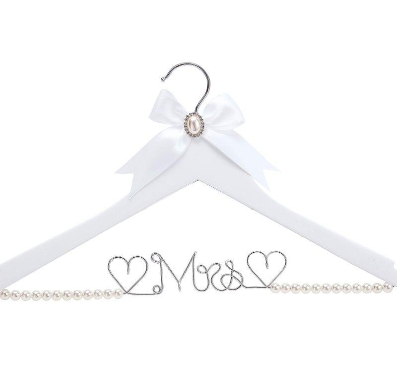 HUIDIAN White Solid Wood Bridal Dress Hanger with Lady Wire Lettering for Bridal Wedding Party Gift (Pearl Silver Thread and White Hanger) - Image 5