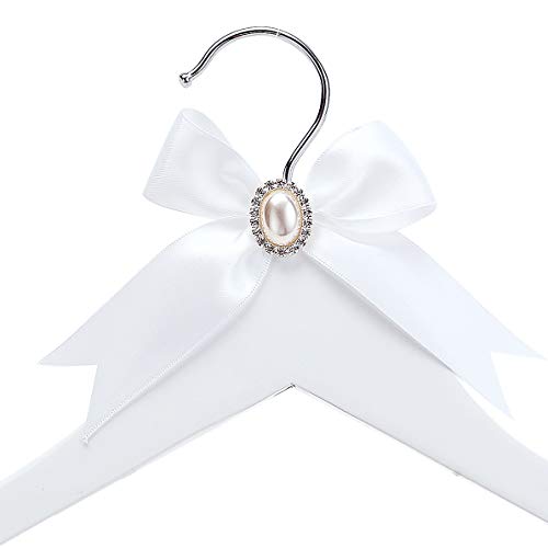HUIDIAN White Solid Wood Bridal Dress Hanger with Lady Wire Lettering for Bridal Wedding Party Gift (Pearl Silver Thread and White Hanger) - Image 4