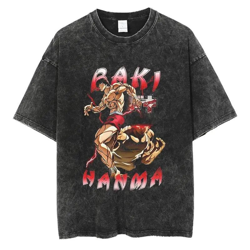 Baki Hanma t Shirt Washed Distressed Short-Sleeved Cotton Top Japanese Anime Trendy t 10 vintage black - Image 1