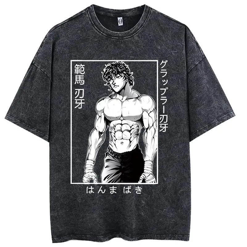 Baki Hanma t Shirt Washed Distressed Short-Sleeved Cotton Top Japanese Anime Trendy t 10 vintage black - Image 3
