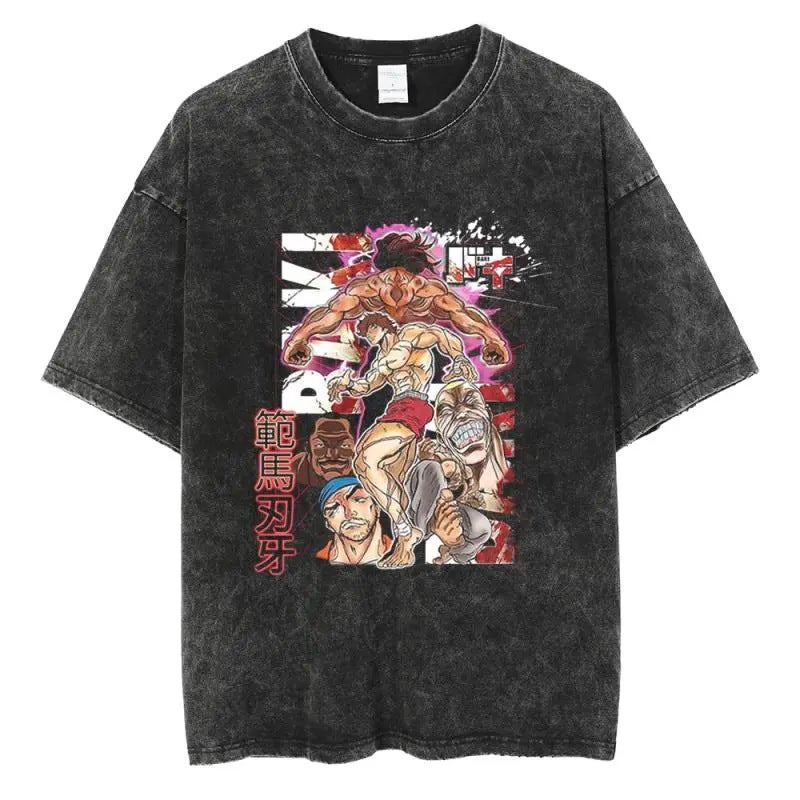 Baki Hanma t Shirt Washed Distressed Short-Sleeved Cotton Top Japanese Anime Trendy t 10 vintage black - Image 2