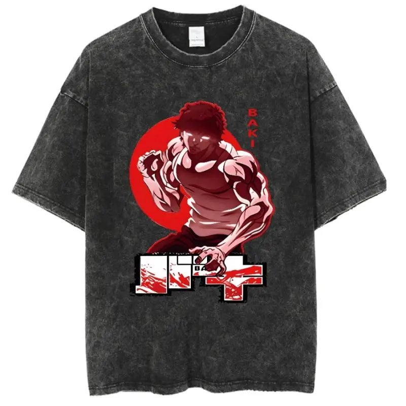 Baki Hanma t Shirt Washed Distressed Short-Sleeved Cotton Top Japanese Anime Trendy t 10 vintage black - Image 5
