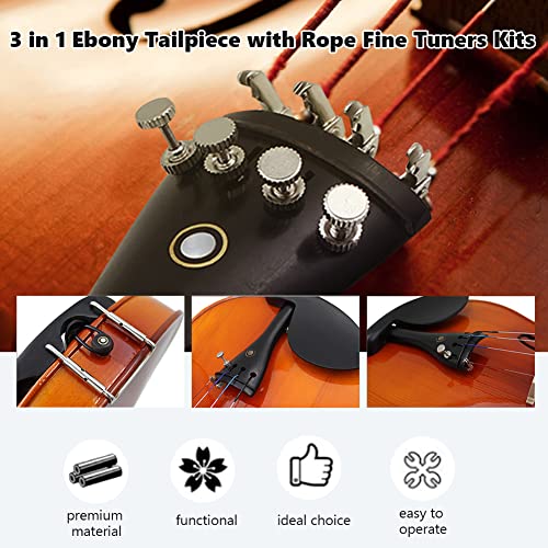 VGEBY Violin Tailpiece, 3 in 1 Ebony Tailpiece with Rope Fine Tuners Kits for 4/3 4/4 Violin Violin Tailpiece Violin Tailpiece 4/4 Ebony - Image 3