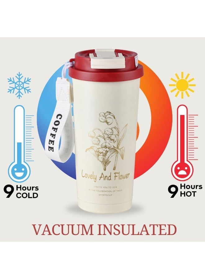 Insulated travel mug with double lid and no handle for hot and cold drinks. Coffee mug with straw holes, leak-proof, reusable, BPA-free, for office and gym, 600ml, red printed color and label. - Image 4