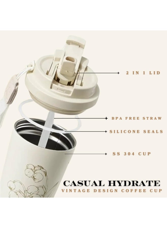 Insulated travel mug with double lid and no handle for hot and cold drinks. Coffee mug with straw holes, leak-proof, reusable, BPA-free, for office and gym, 600ml, red printed color and label. - Image 3