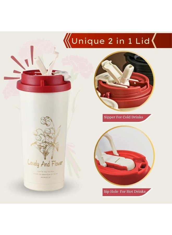 Insulated travel mug with double lid and no handle for hot and cold drinks. Coffee mug with straw holes, leak-proof, reusable, BPA-free, for office and gym, 600ml, red printed color and label. - Image 2