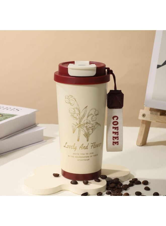 Insulated travel mug with double lid and no handle for hot and cold drinks. Coffee mug with straw holes, leak-proof, reusable, BPA-free, for office and gym, 600ml, red printed color and label. - Image 1