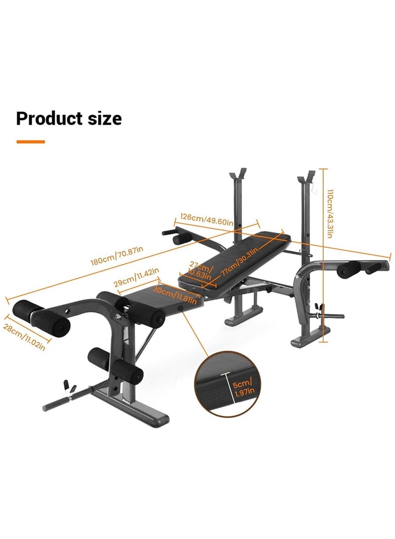 standard weight training bench, perfect for full body training at home gym, bench press stand with cylindrical foam elbow support and handles, leg extender