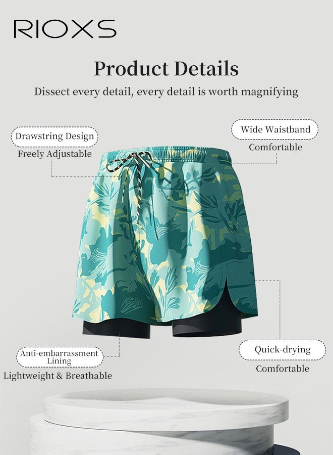 RIOXS Men's 2-in-1 Gym Shorts, 7 inch Quick Dry Drawstring Shorts, Comfy Breathable Swim Trunks, Mens Beach Trunks with Mesh Lining, Dual-layer Swim Shorts with Side Pockets, Stretch Athletic Workout Shorts For Men, Fitness Running Training Surfing Shorts- Printed Football Shorts - Image 2