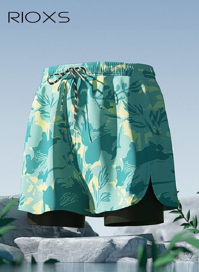 RIOXS Men's 2-in-1 Gym Shorts, 7 inch Quick Dry Drawstring Shorts, Comfy Breathable Swim Trunks, Mens Beach Trunks with Mesh Lining, Dual-layer Swim Shorts with Side Pockets, Stretch Athletic Workout Shorts For Men, Fitness Running Training Surfing Shorts- Printed Football Shorts - Image 1