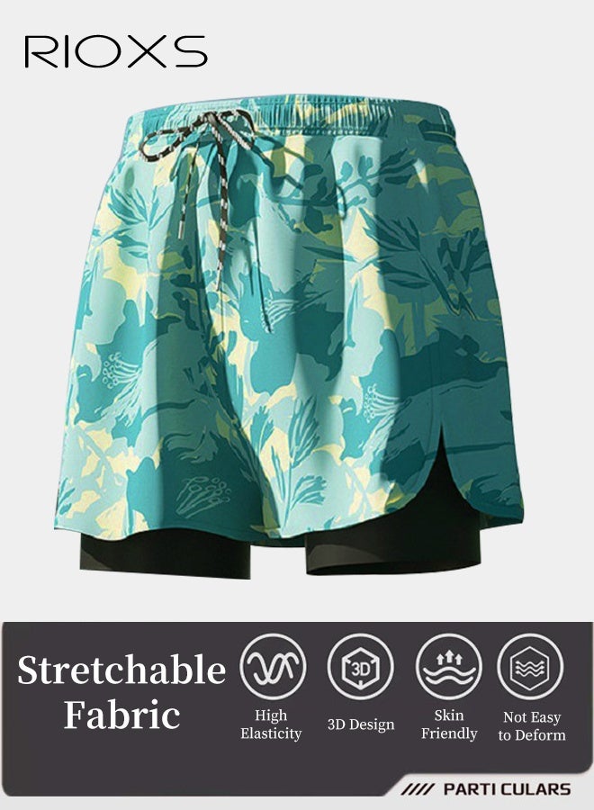RIOXS Men's 2-in-1 Gym Shorts, 7 inch Quick Dry Drawstring Shorts, Comfy Breathable Swim Trunks, Mens Beach Trunks with Mesh Lining, Dual-layer Swim Shorts with Side Pockets, Stretch Athletic Workout Shorts For Men, Fitness Running Training Surfing Shorts- Printed Football Shorts - Image 4